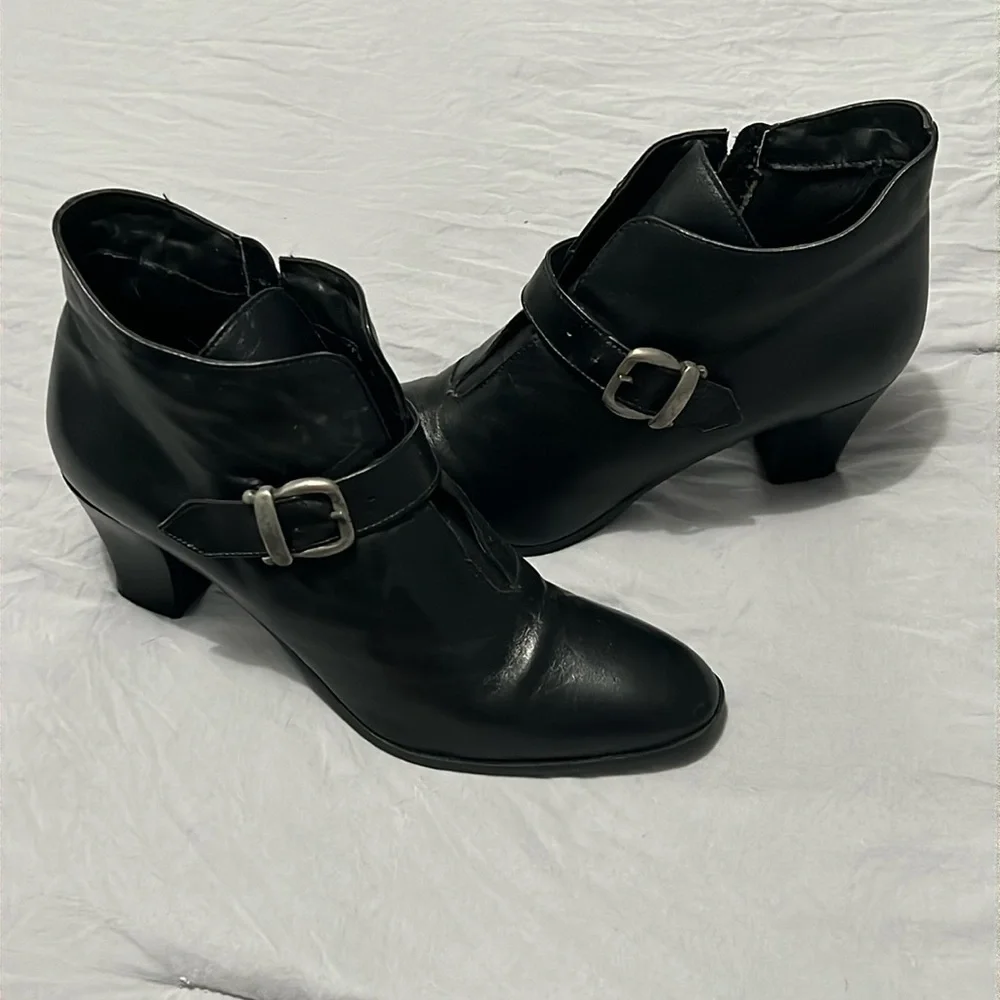 Mainframe Made in Italy Black Leather Ankle Booties with Buckle